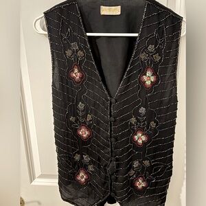 Vintage Embroidered Sequin Beaded Black 100% Silk Floral Vest M/L